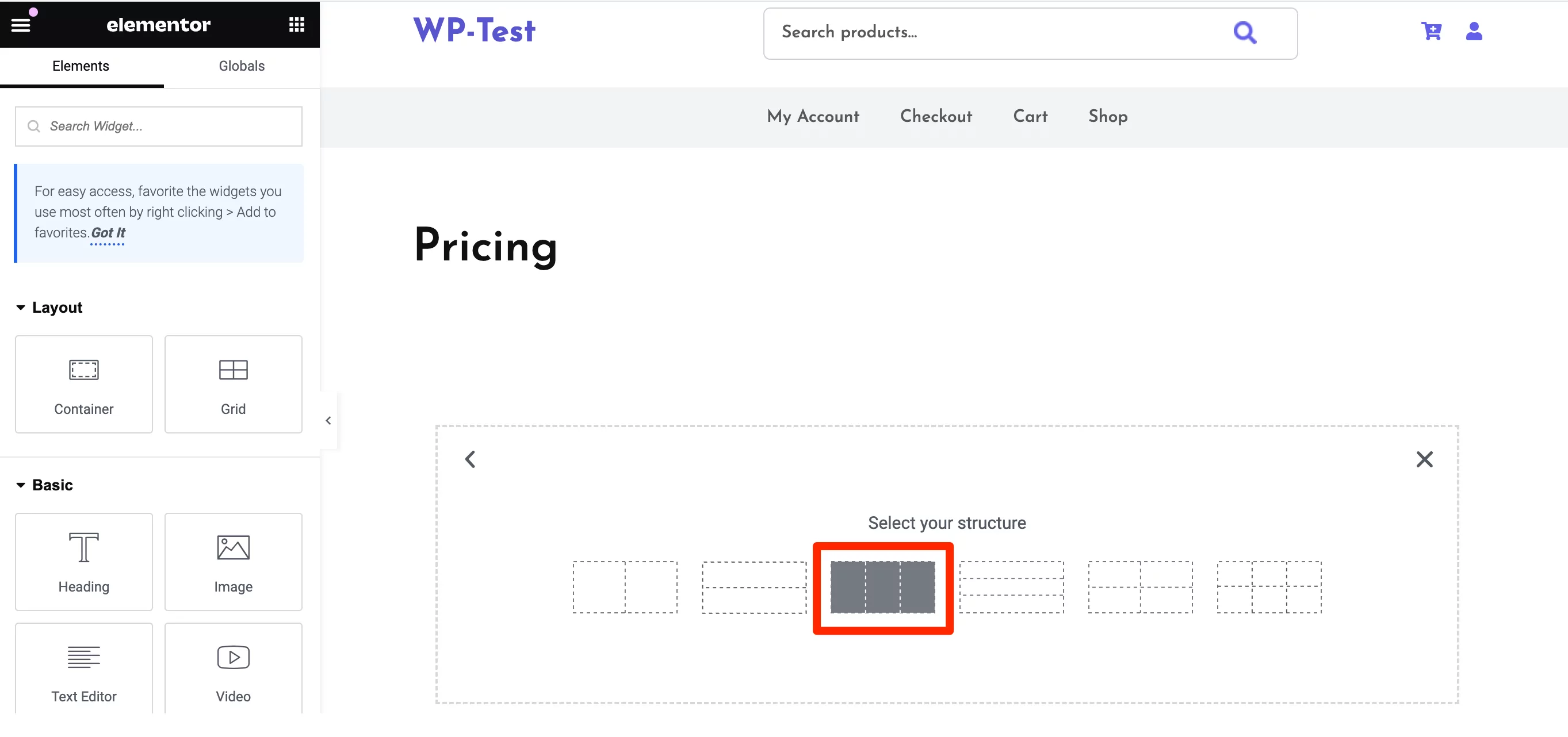 Select structure in Elementor visual interface