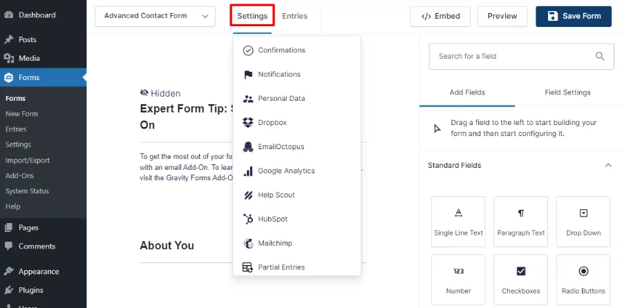 gravity forms settings