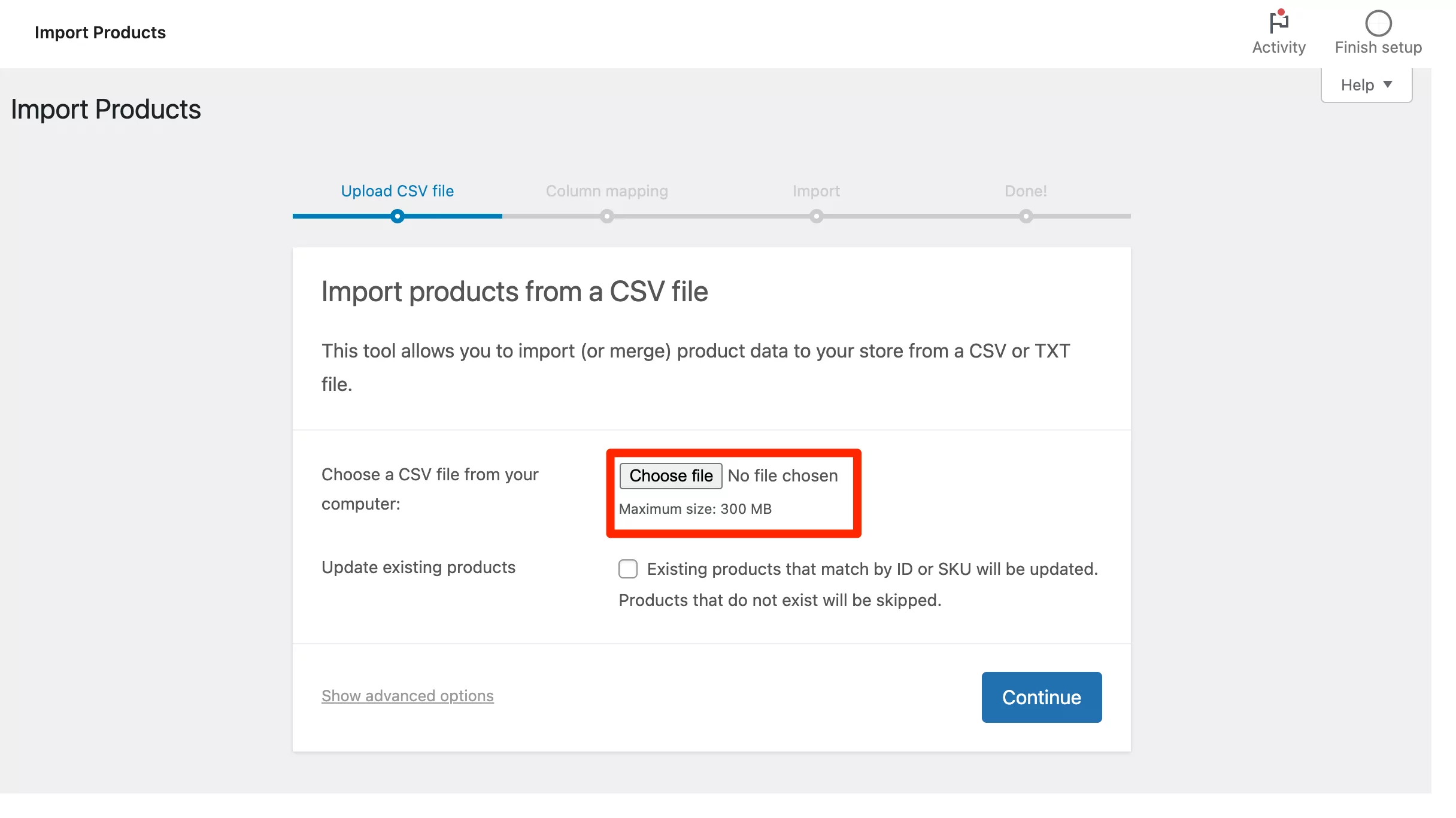 Choose your product CSV file