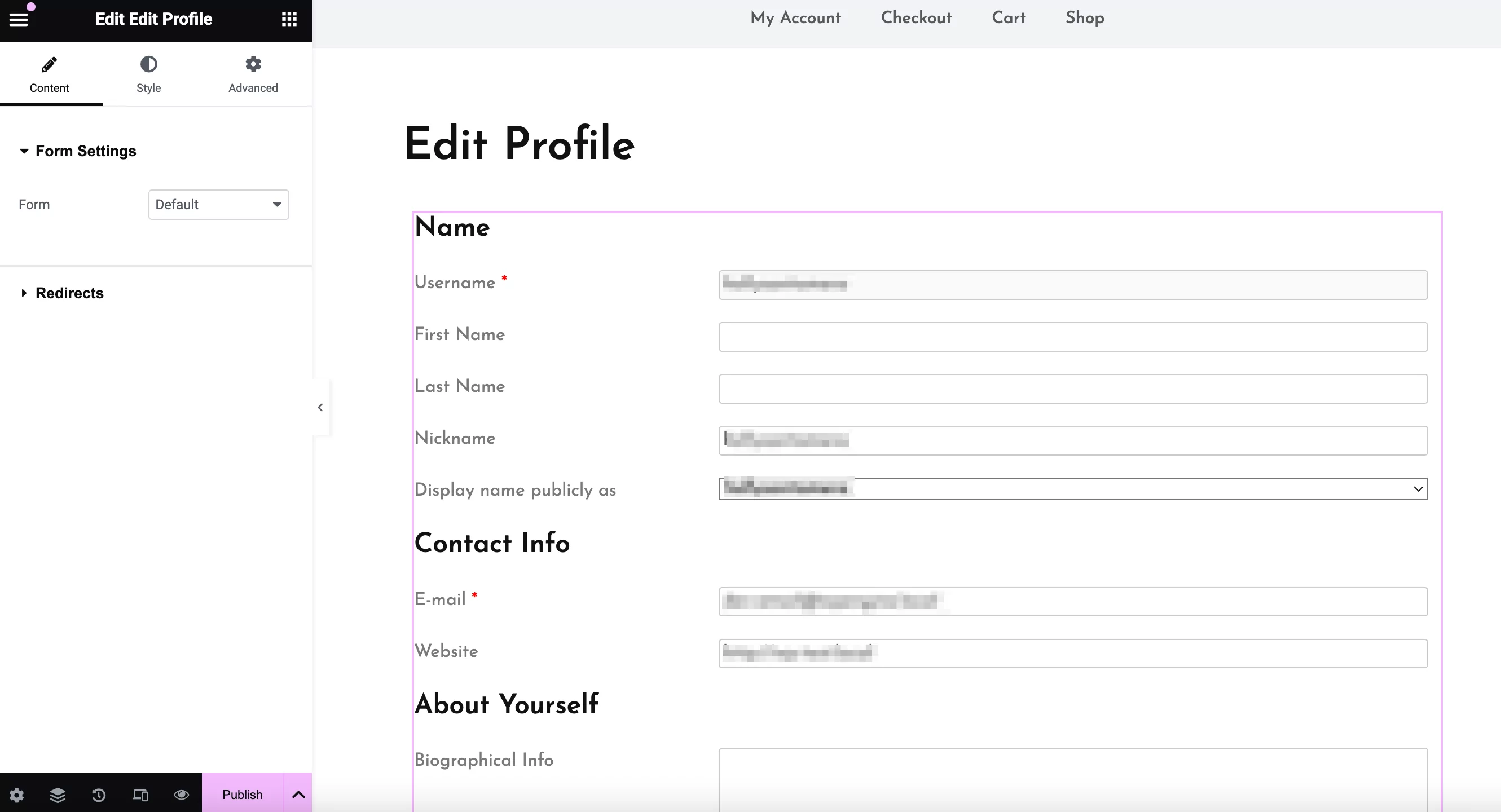 Elementor edit profile widget