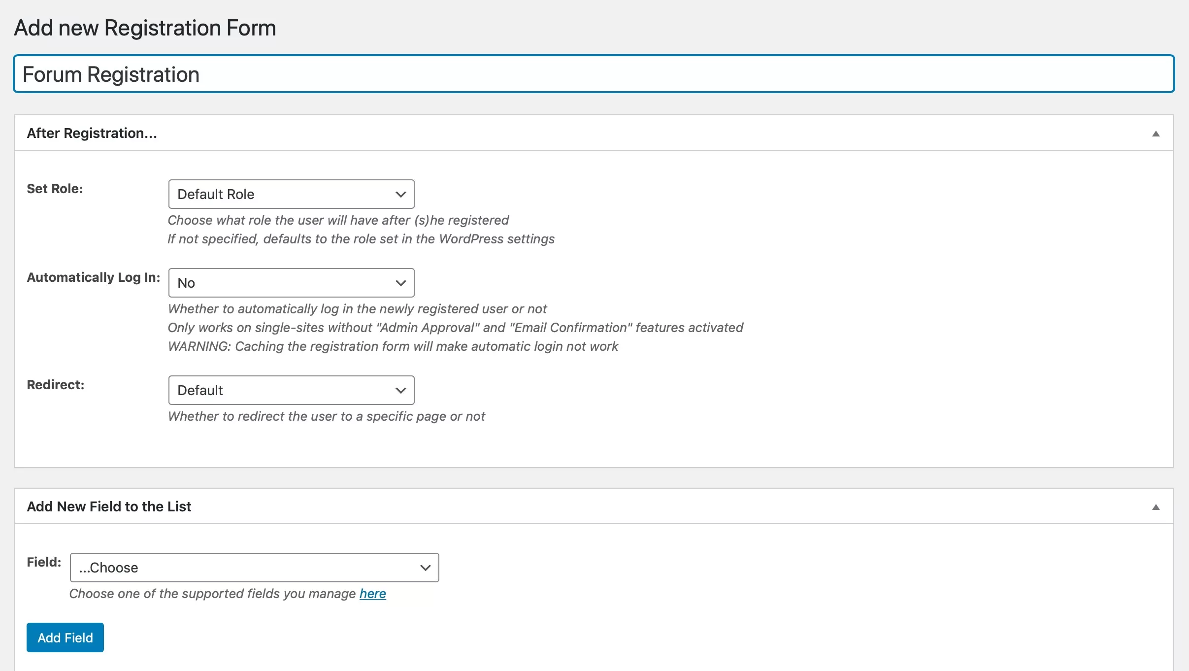 add new registration form - wordpress forum