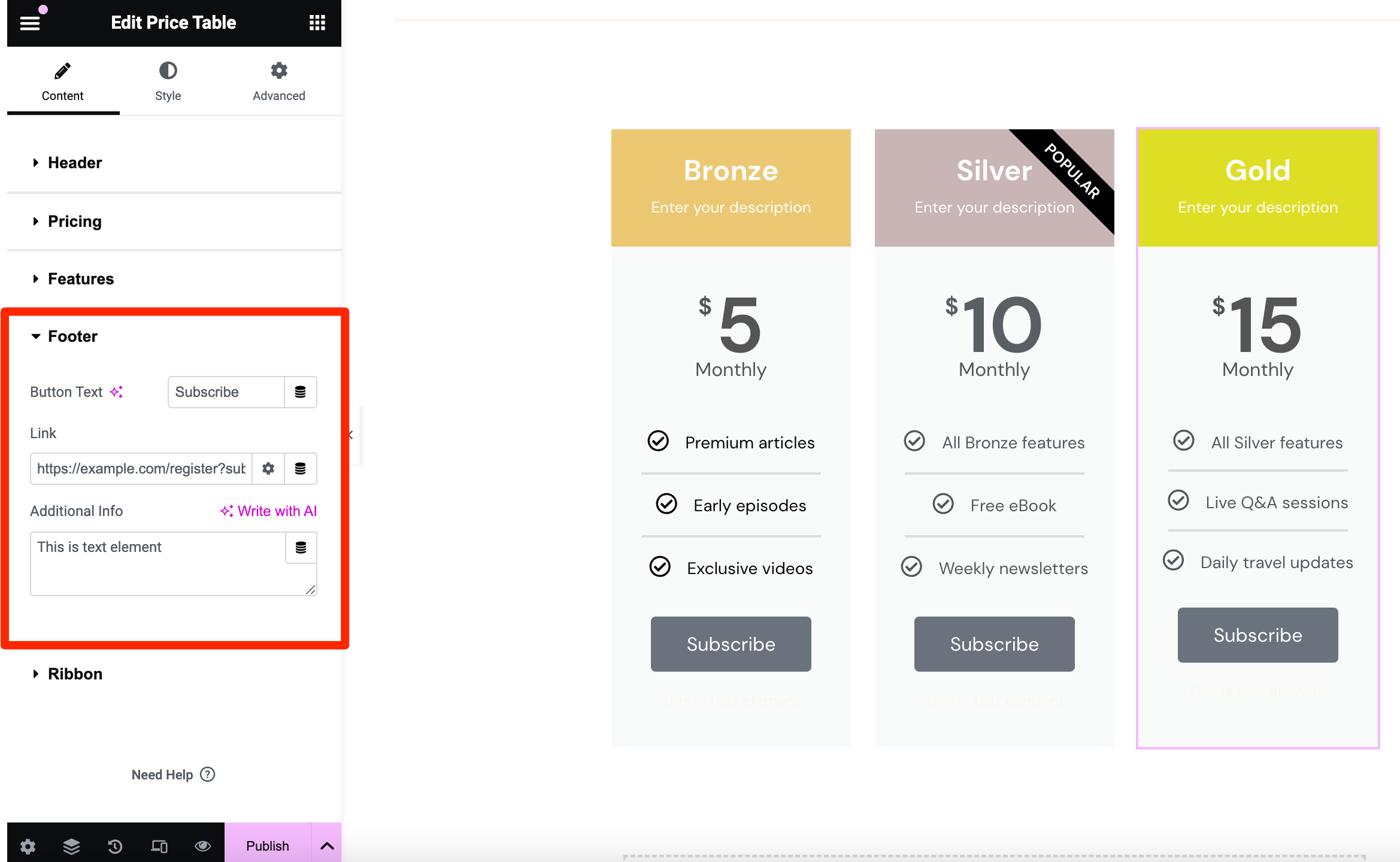 Elementor pricing table 