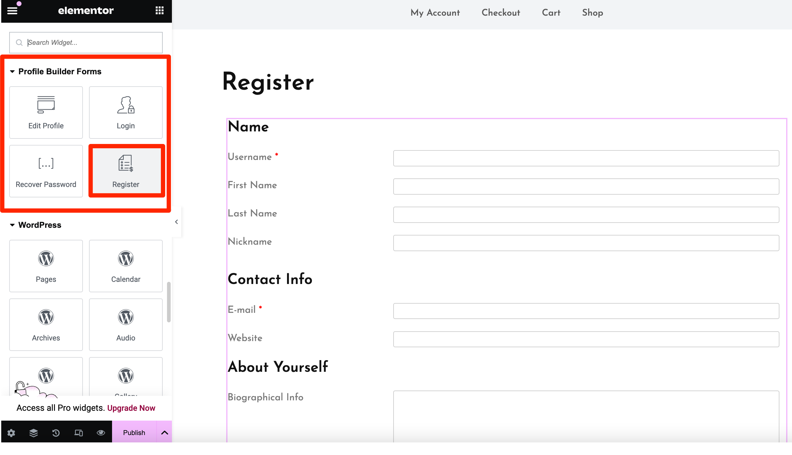 The Profile Builder Elementor register form widget