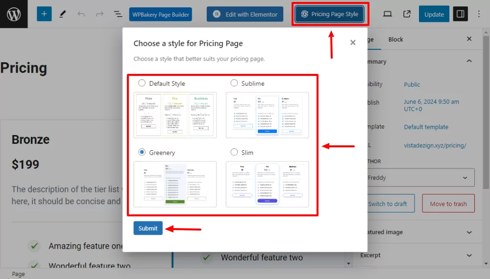 change pricing table template style