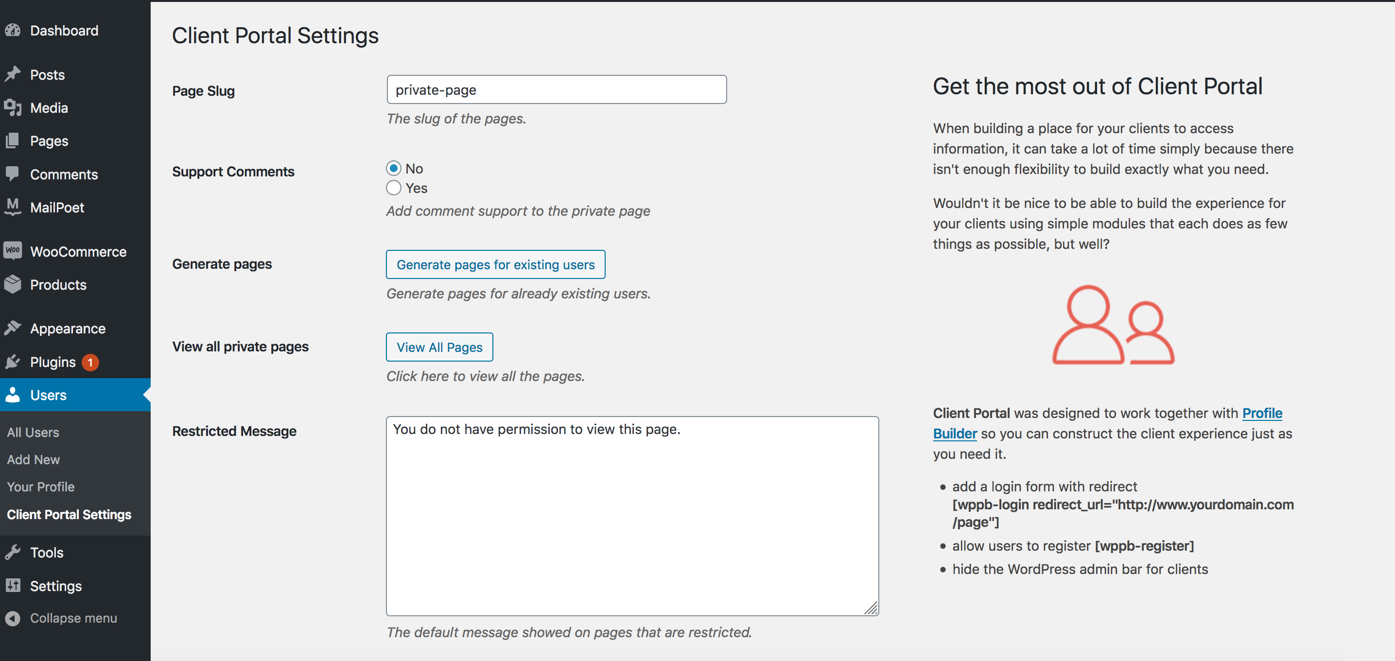 Client Portal plugin settings