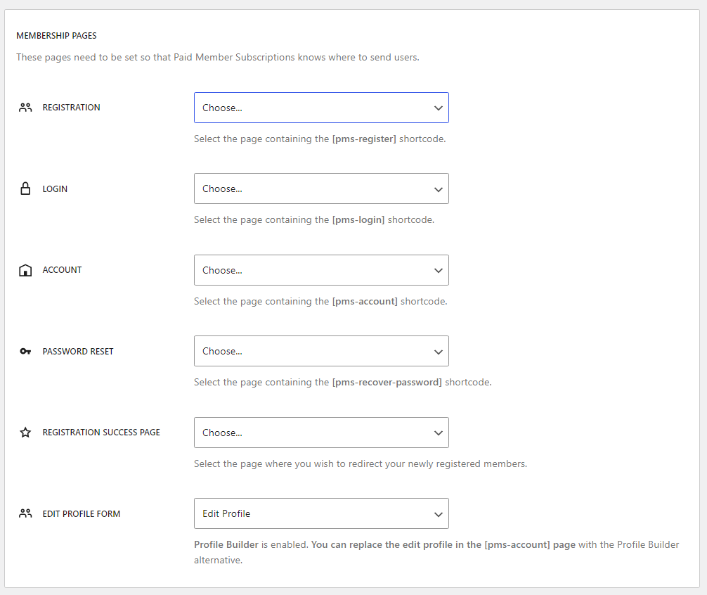 Configure membership pages in Paid Members Subscriptions