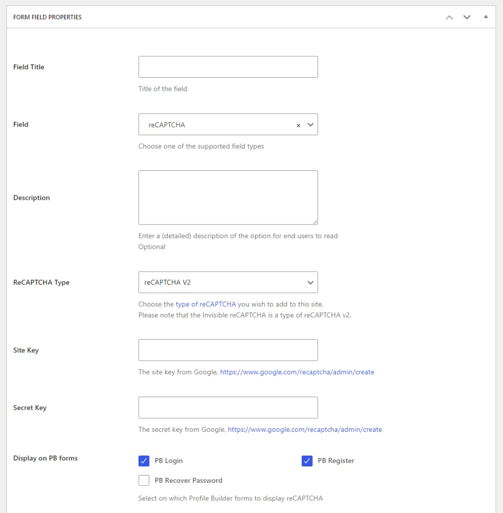 Configuring the reCAPTCHA field in Profile Builder Pro