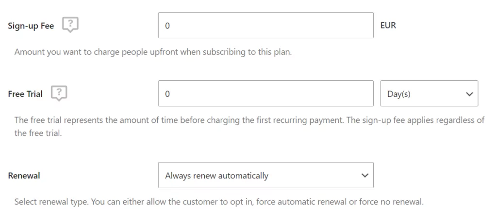 Configuring renewal settings for a subscription plan