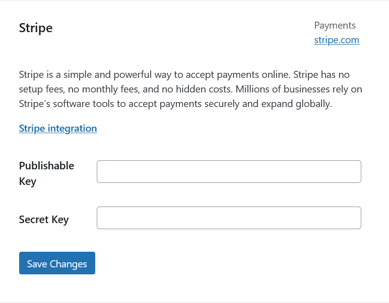 Set up page for Stripe integration