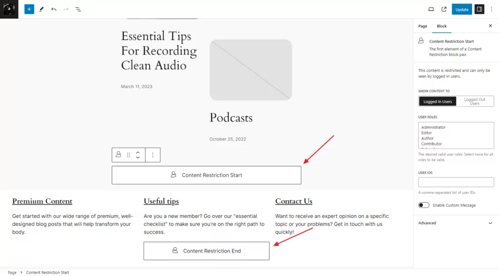Content restriction start and end blocks in WordPress Gutenberg editor