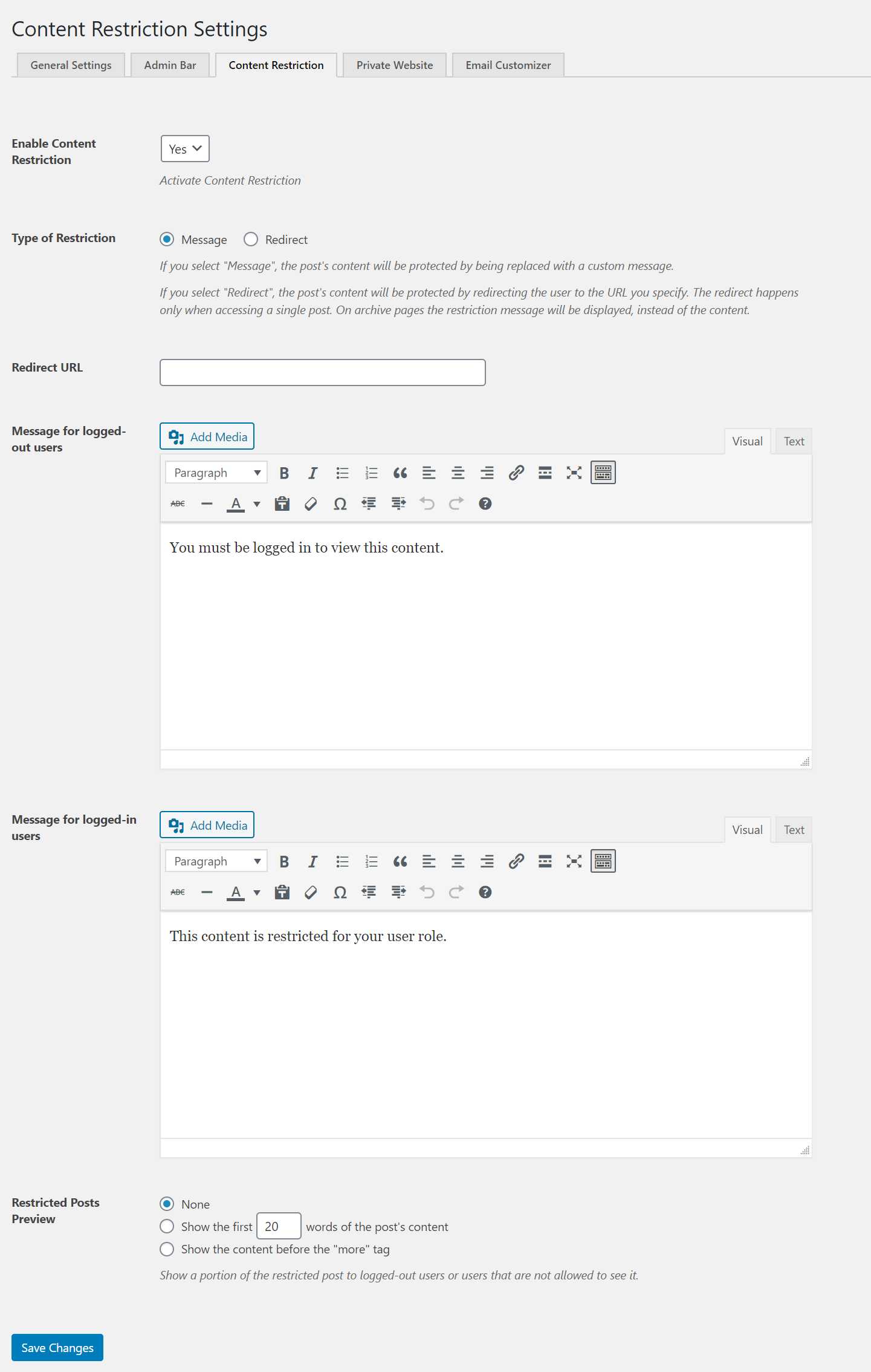 Profile Builder Pro content restriction settings