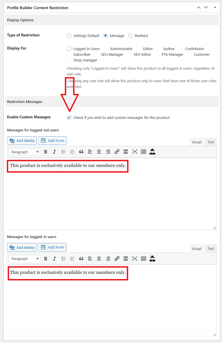 Custom message for hidden WooCommerce products by user roles