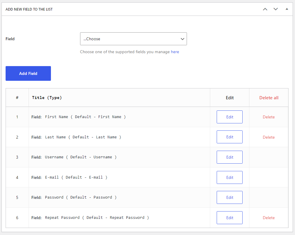 A WordPress registration form with custom fields