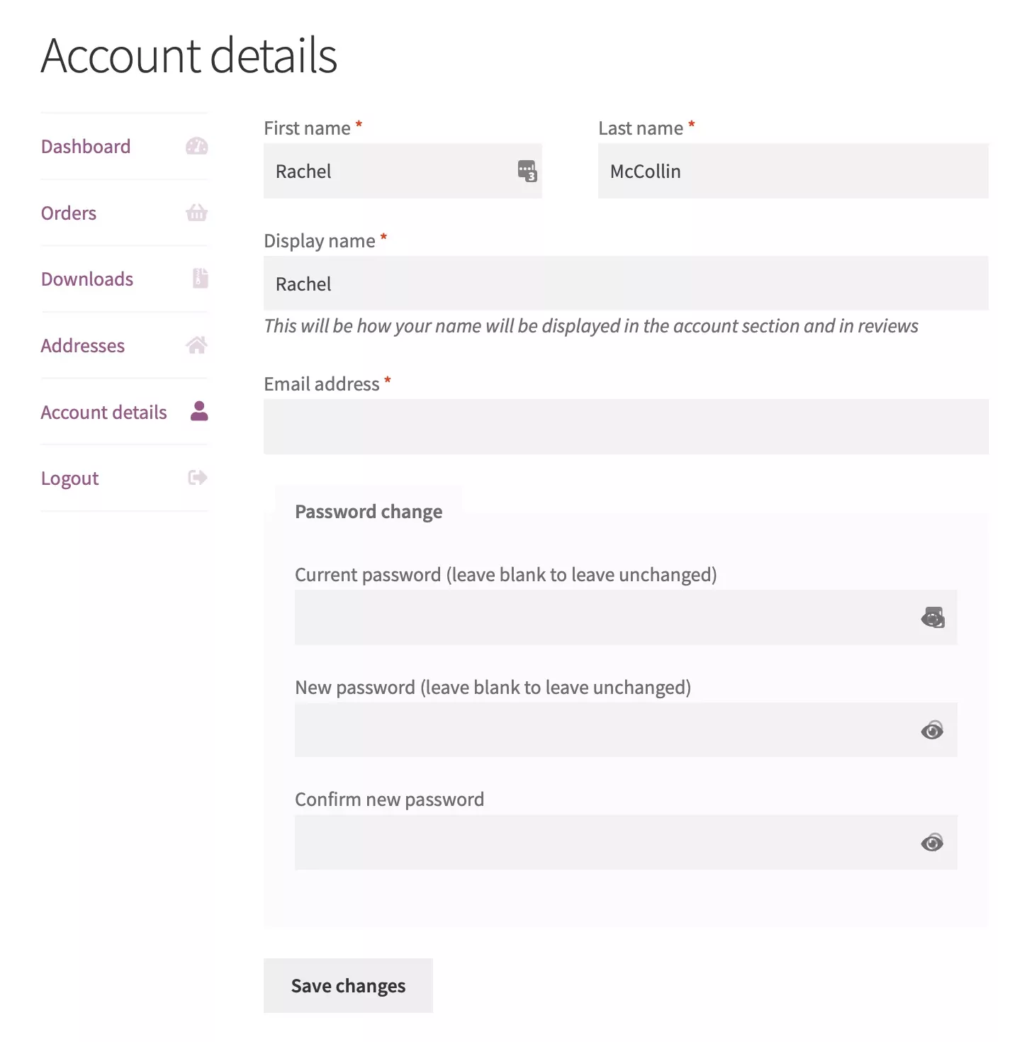 The default WooCommerce edit profile form