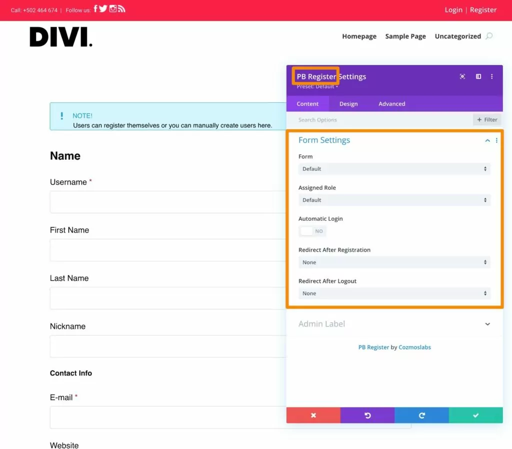 Divi register module settings