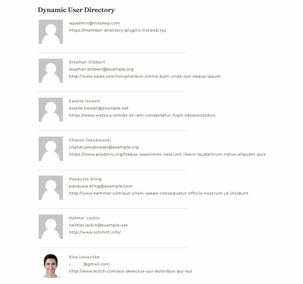 Dynamic User Directory default listing template