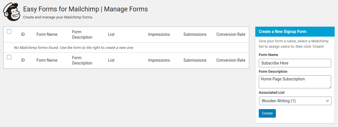 easy forms for mailchimp plugin