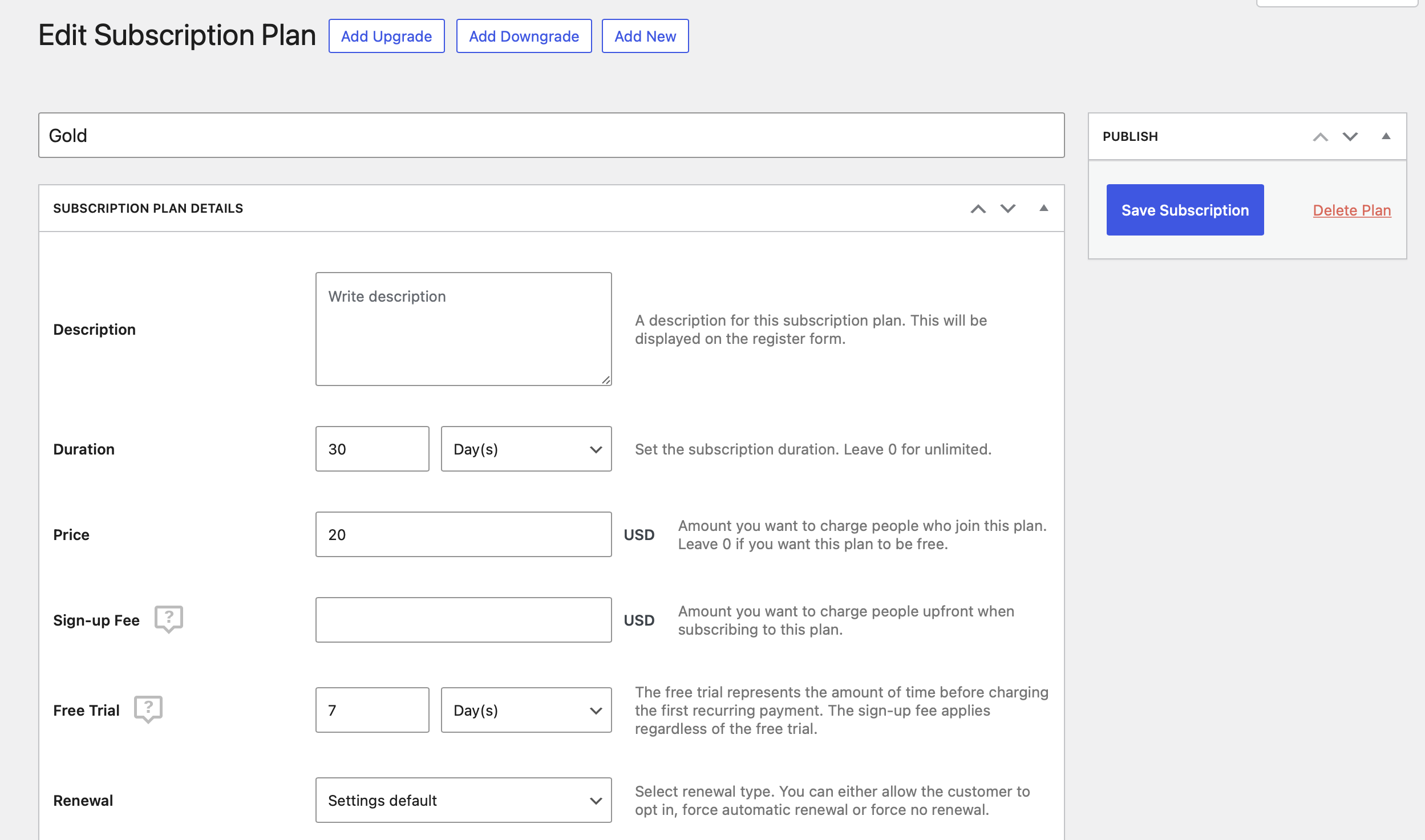 Edit subscription plans