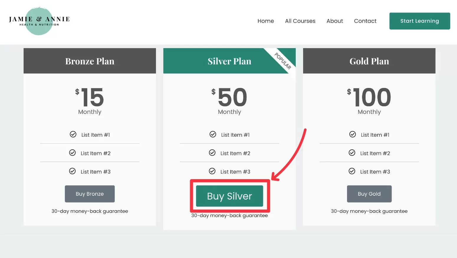 An example of an Elementor pricing table