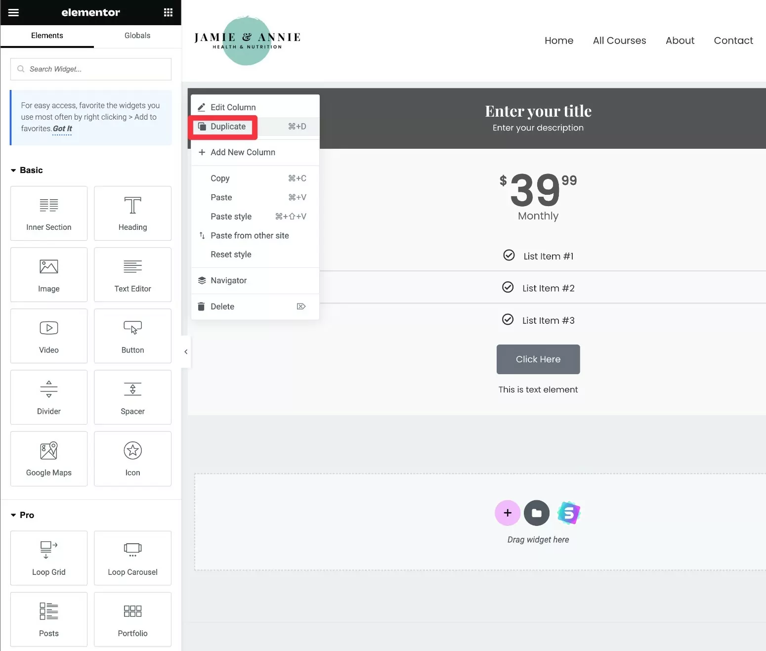 Duplicate the Elementor pricing table column