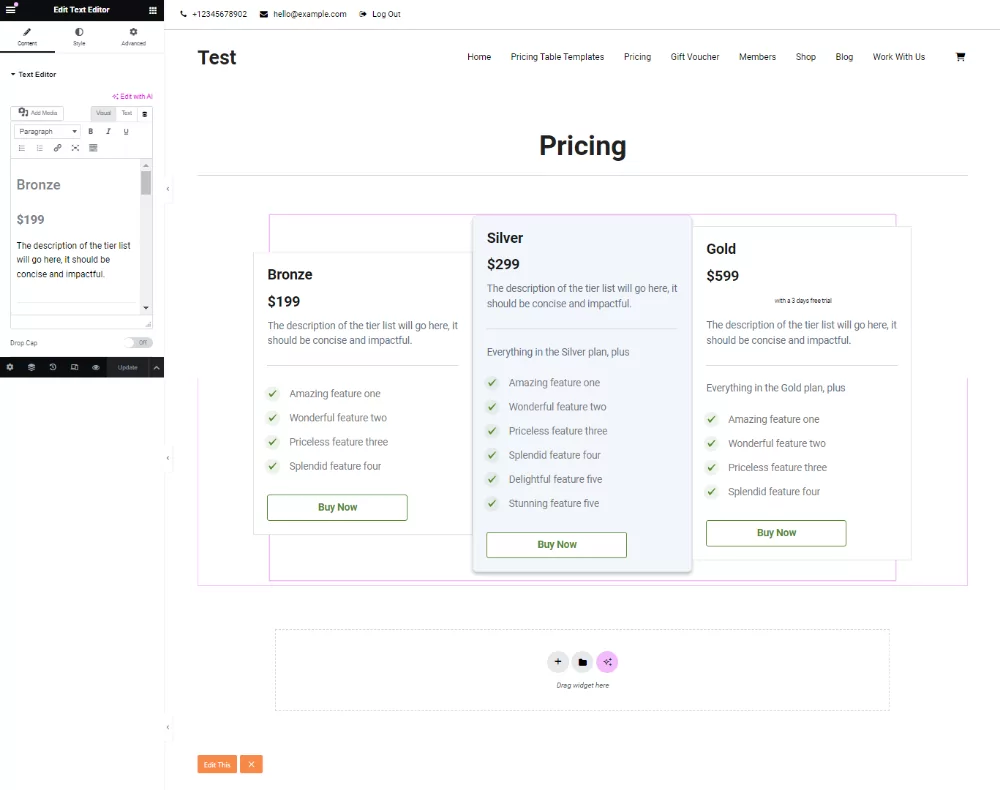 editing pricing table templates in Elementor page builder