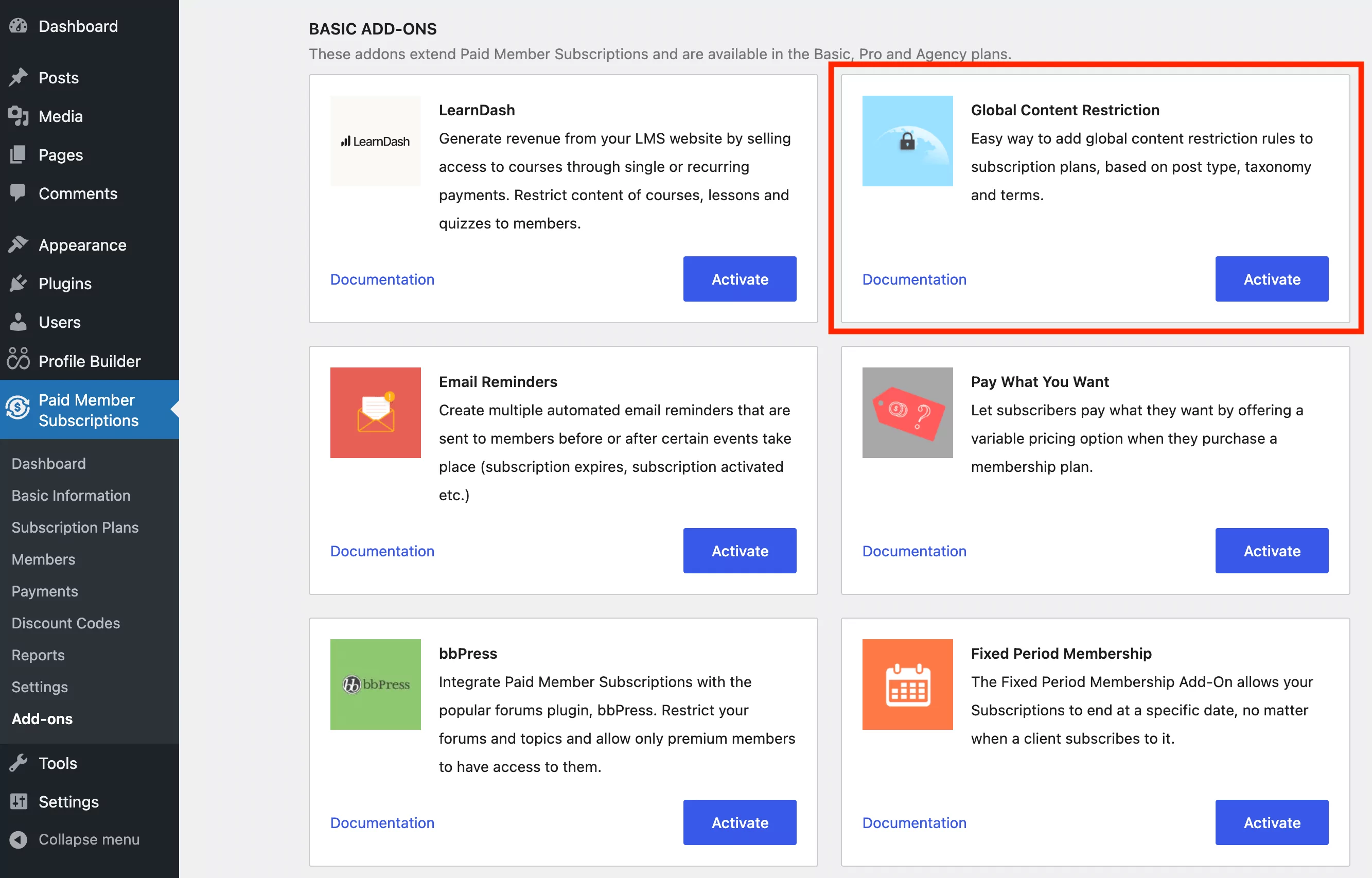 Enabling the Global Content Restriction add-on so you can password protect content in WordPress using a subscription plan