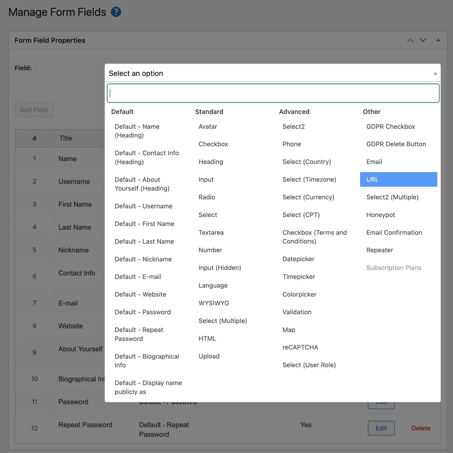 WPForms free alternative: Profile Builder field options