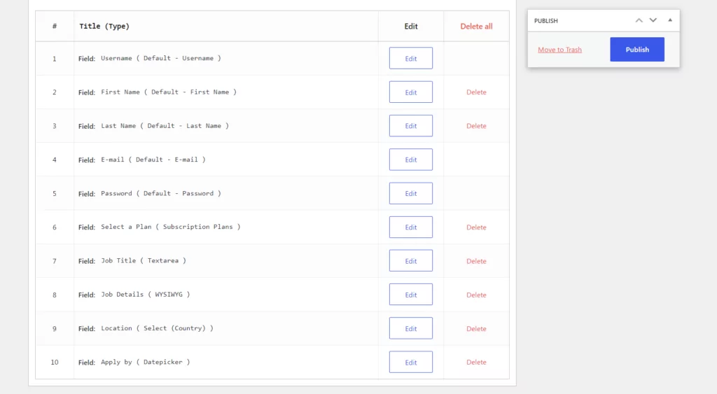 Profile Builder Pro form fields for posting a job