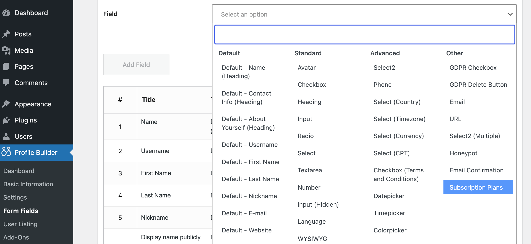 Selecting subscription plans for your Form Field 