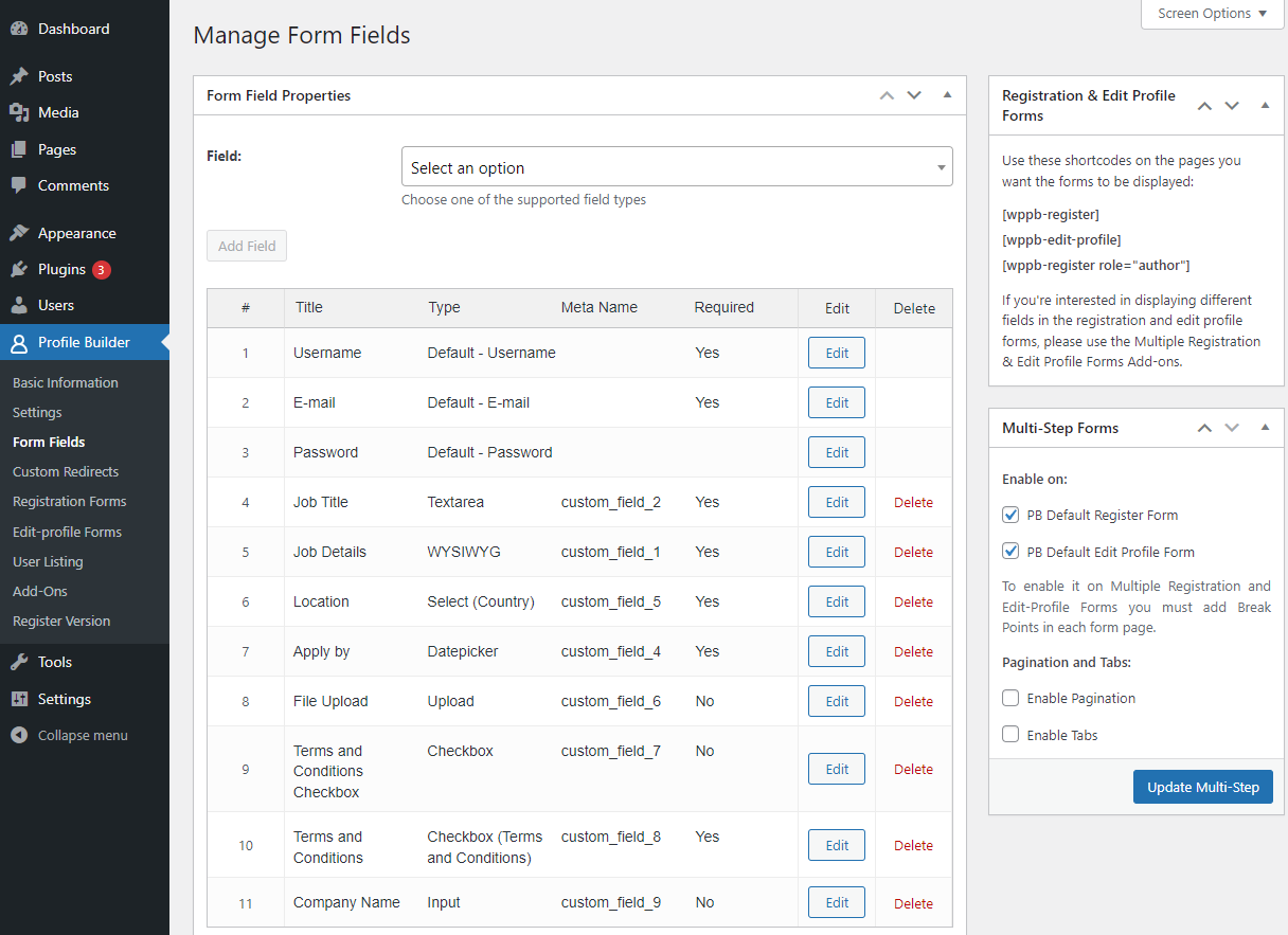 WordPress Event Registration Form Fields