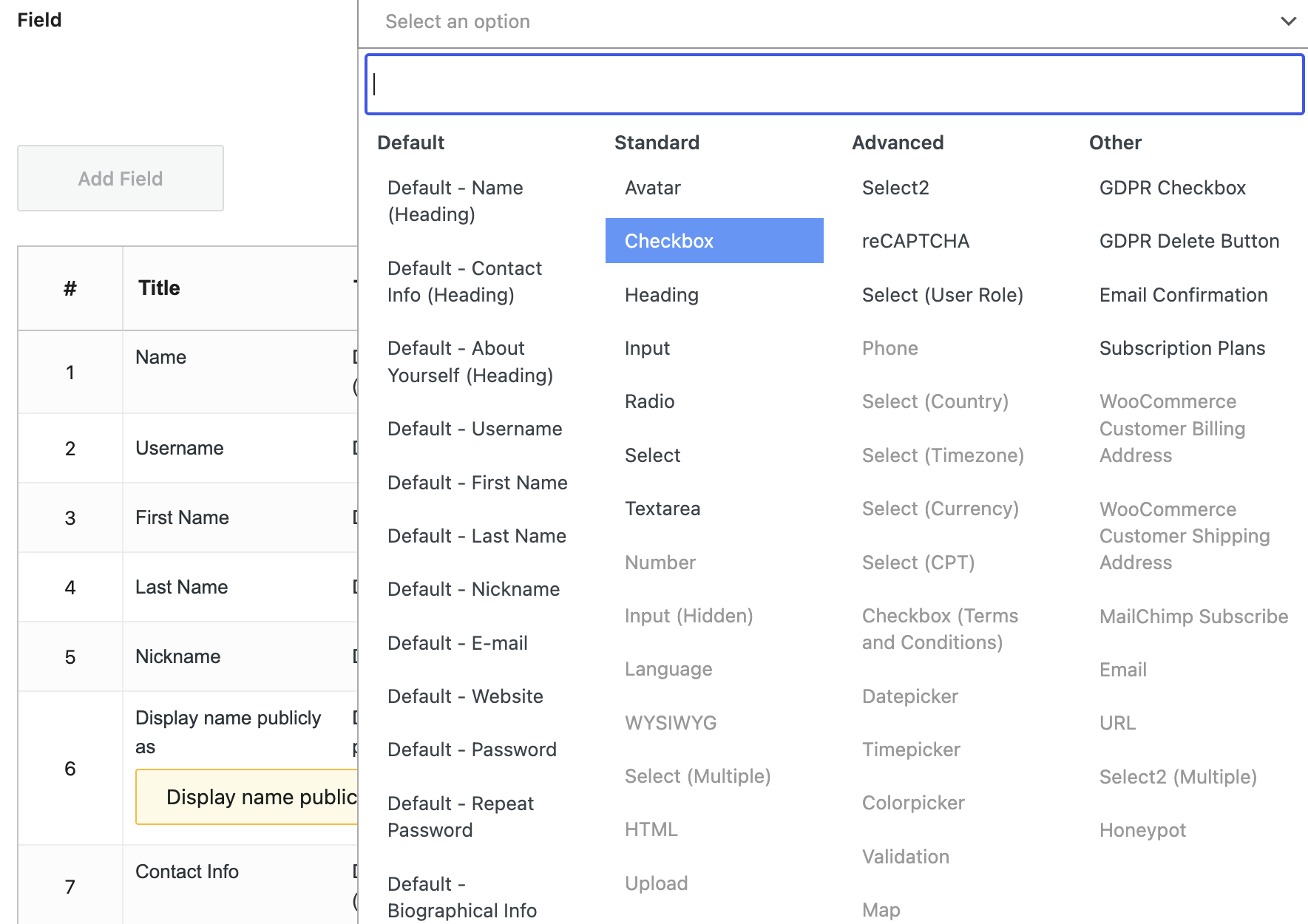 Profile Builder custom user form fields