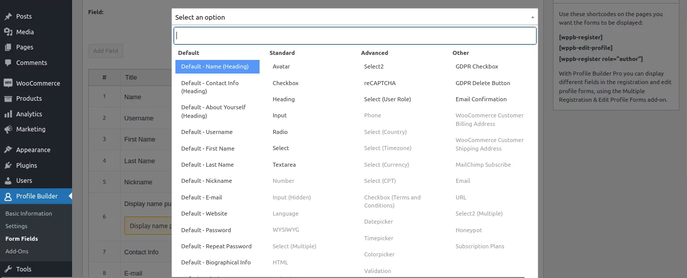 Image 4 shows where to click on 'Select an Option. Default basic fields appear in the left-hand column of the form field chooser dropdown menu that is used by all member directory templates