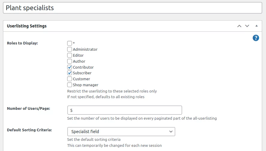 Image 7 shows how to add a new user listing with the title Plant Specialists, selected Contributors, and Subscribers using the fields common to all member directory templates