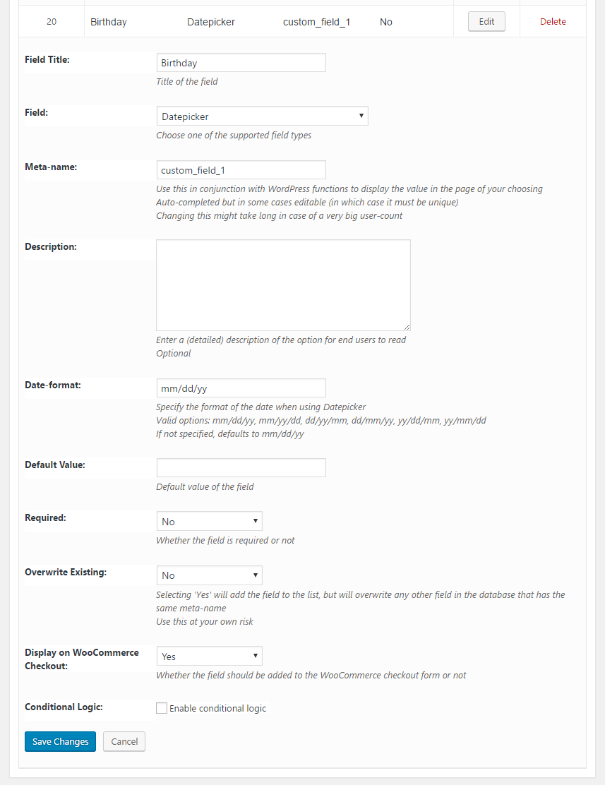 Posts Builder Example Extra Field Screen