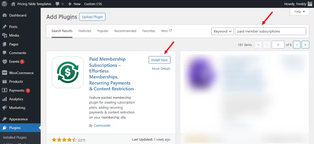 Installing the Paid Member Subscriptions plugin in the WordPress dashboard