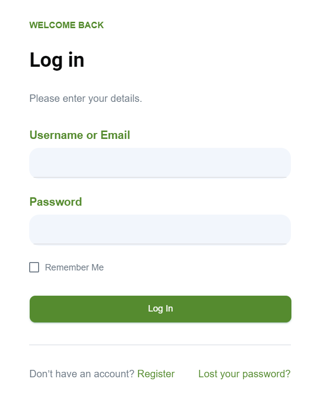 Login form with registration and lost password links