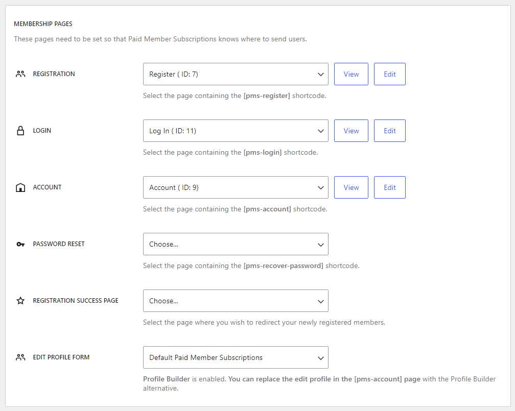 The Paid Member Subscriptions' membership pages settings