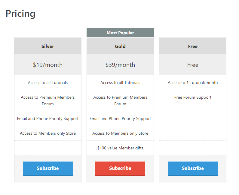 Membership Pricing Table