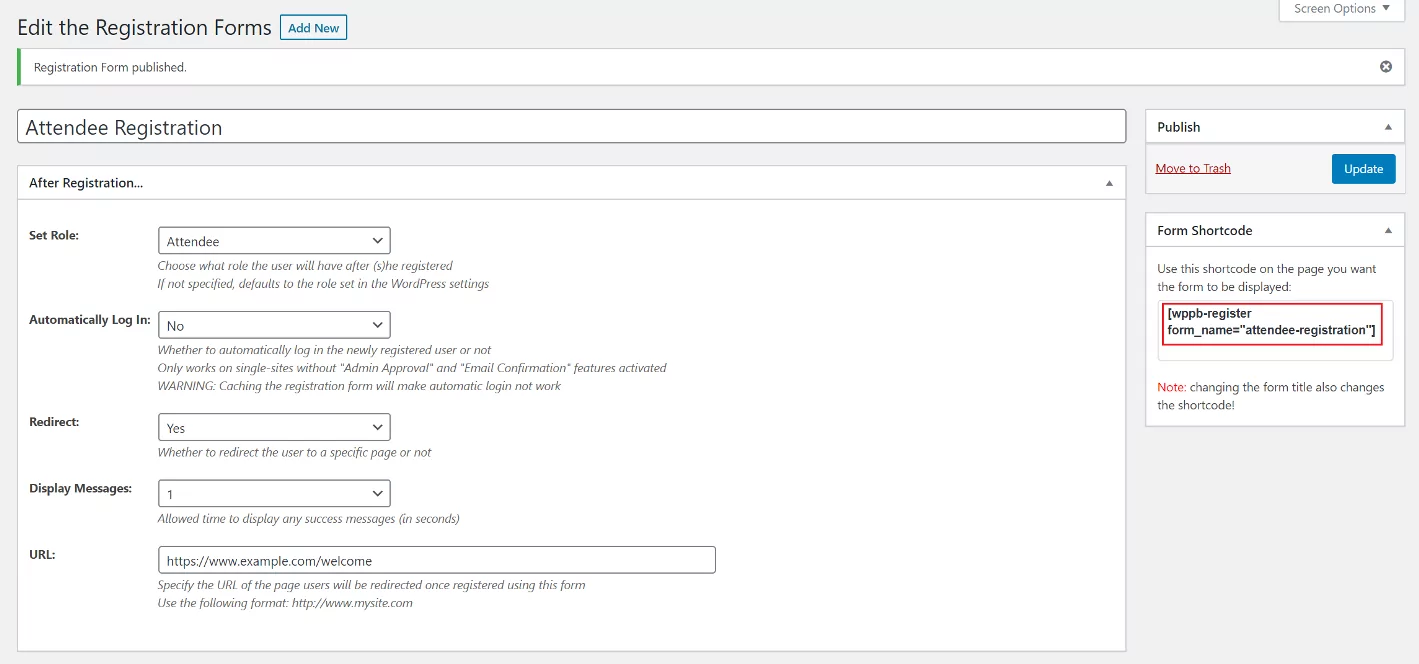 Multiple registration forms shortcode