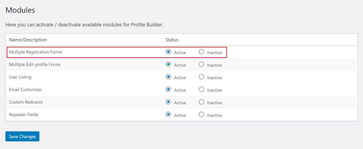 Activate multiple registration forms module