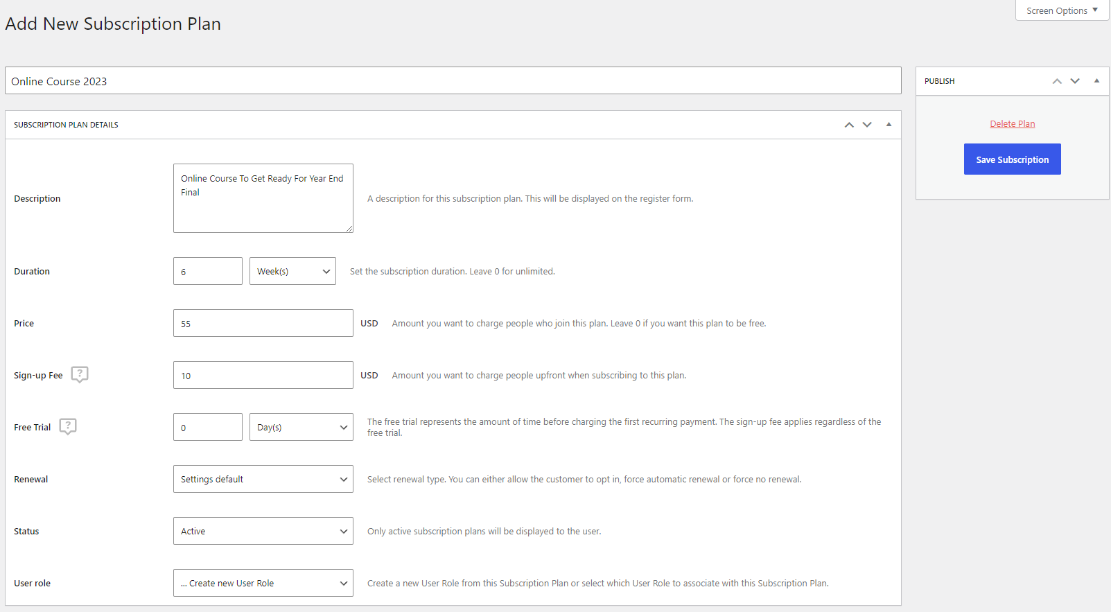 Online course settings in Paid Member Subscriptions