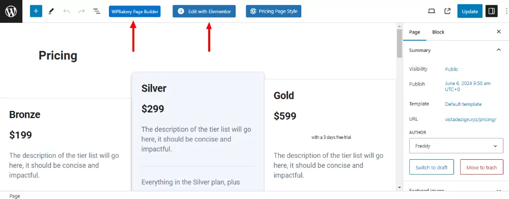 edit pricing table templates in page builders