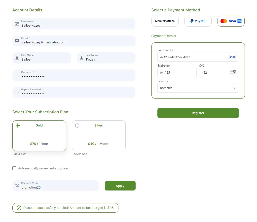 Paid Member Subscriptions Discount Codes Registration Form