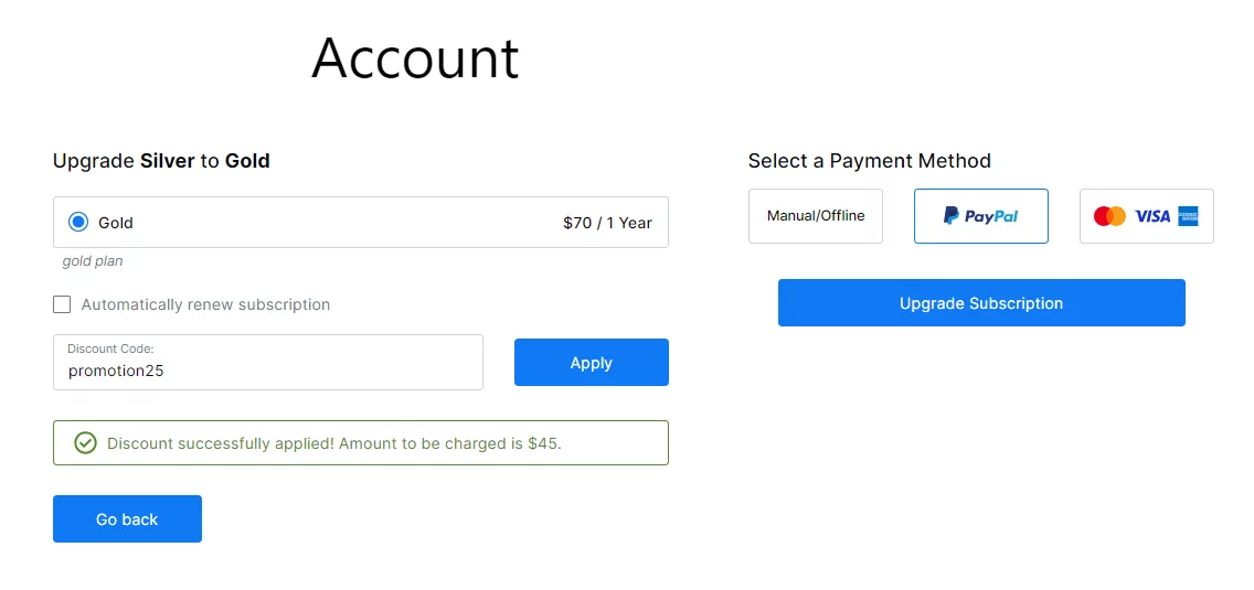 Paid Member Subscriptions Discount Codes Upgrade Subscription Plan Account Form