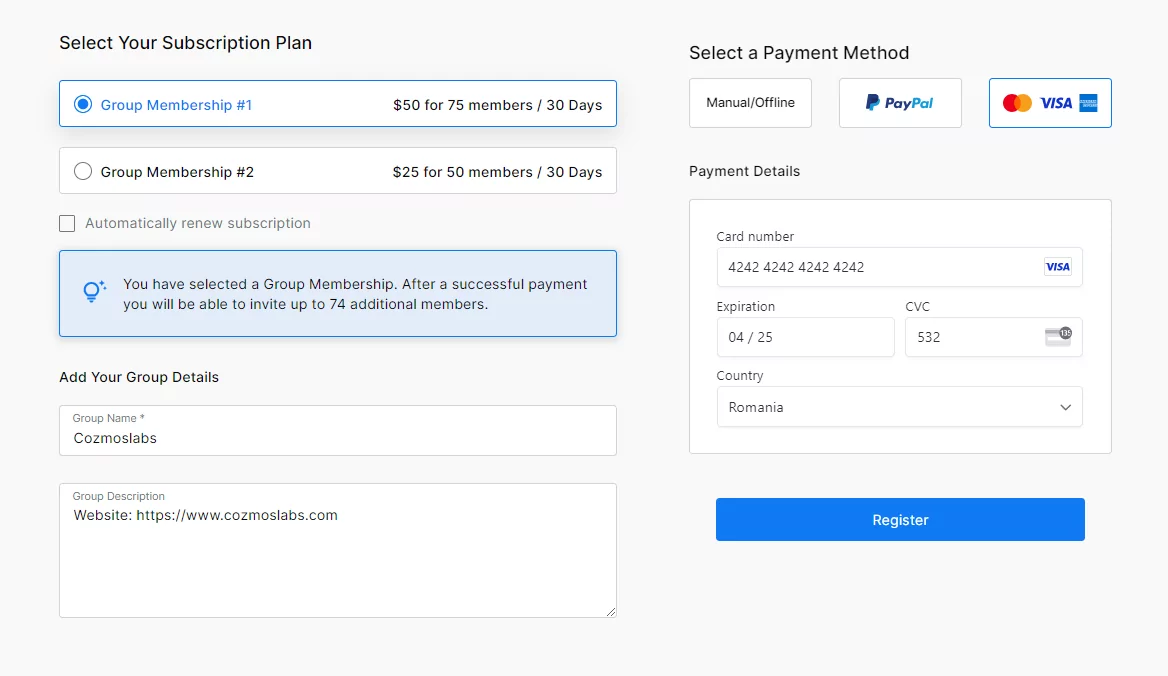 Paid Member Subscriptions PRO Group Memberships Register Owner