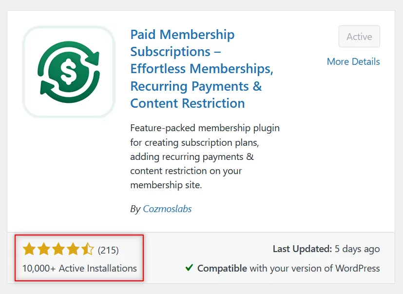 Paid Member Subscriptions user ratings