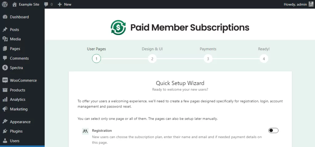 paid member subscriptions setup wizard for woocommerce recurring payments