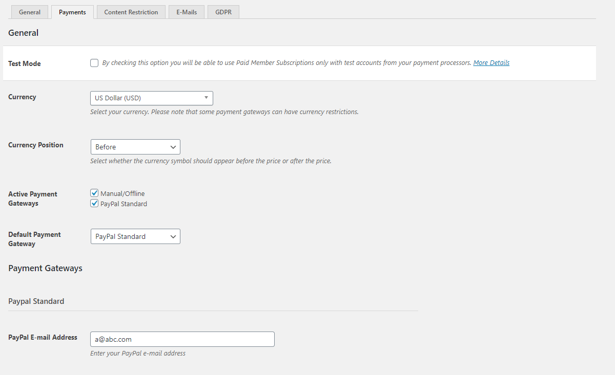 Payment options in Paid Member Subscriptions