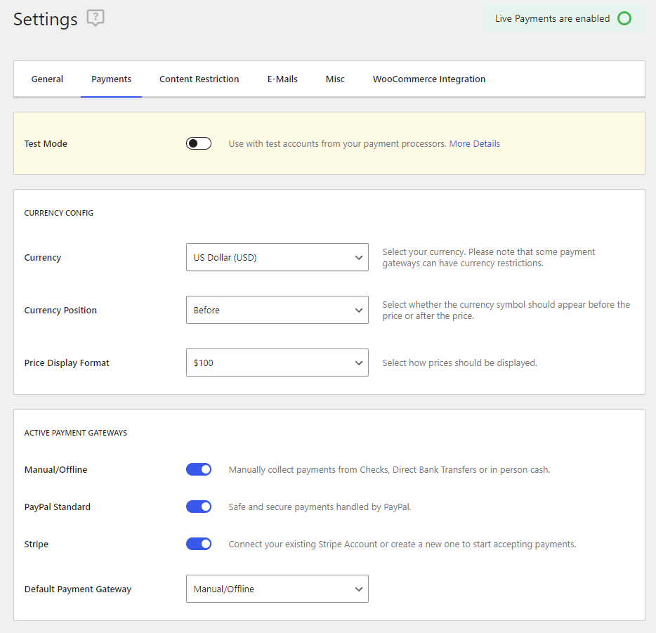 Paid Member Subscriptions payment options