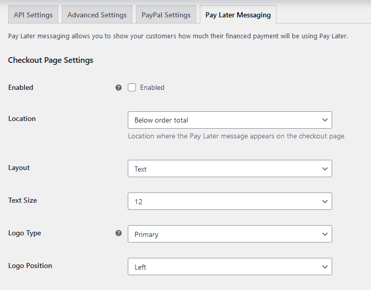 PayPal Pay Later settings